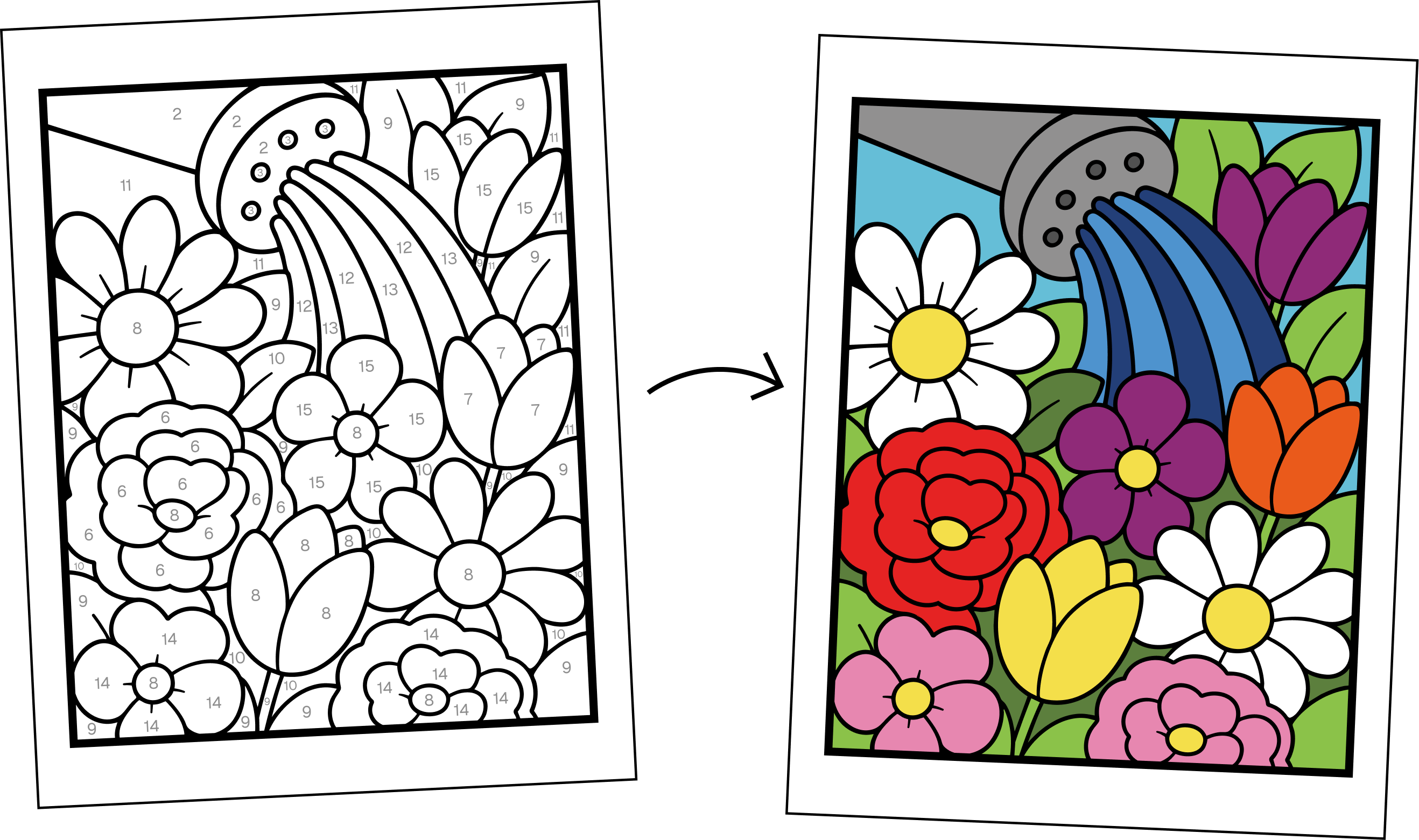 Color-by-number example: a numbered page filled in to reveal a colored garden scene