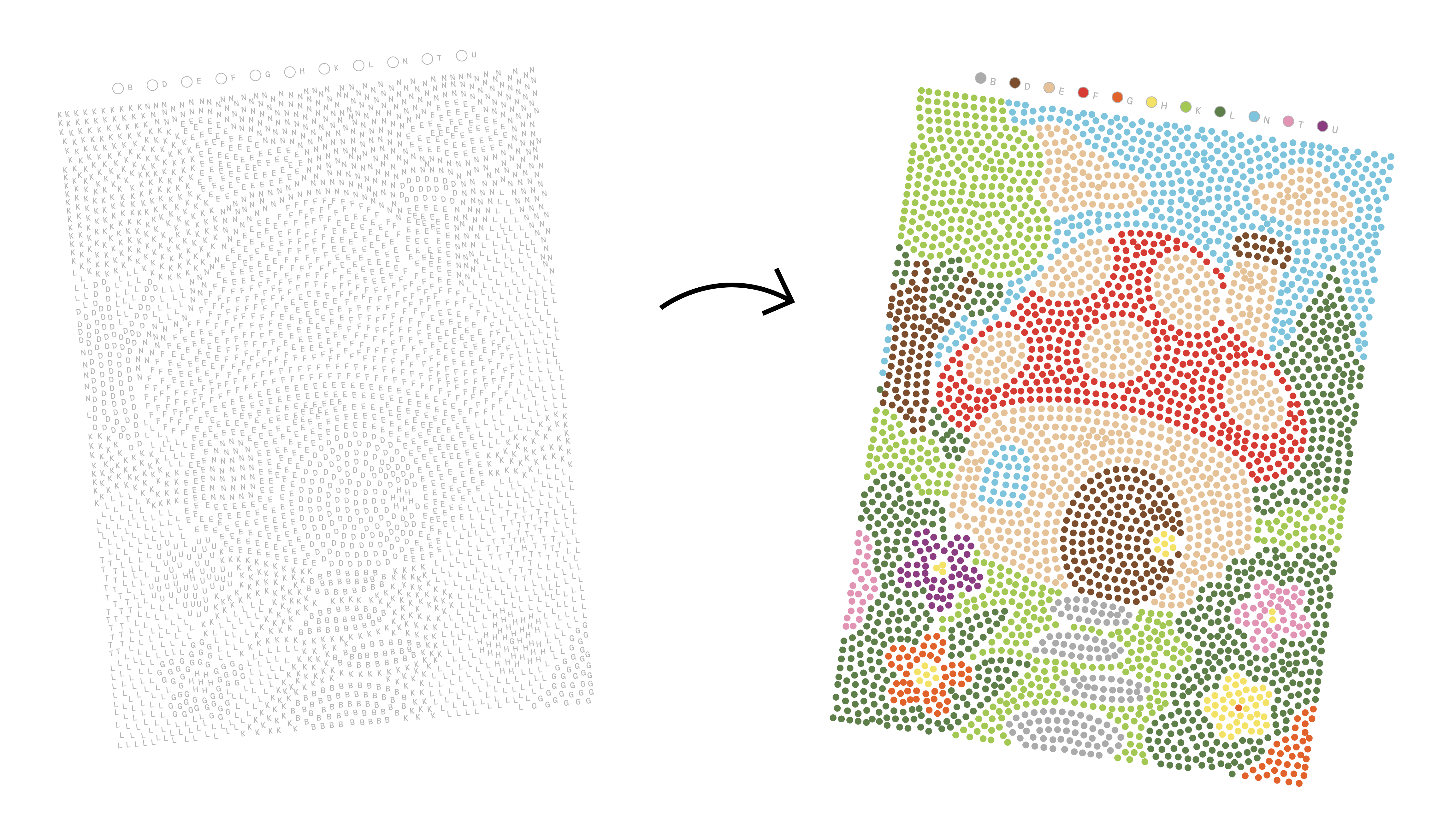 How dot-by-letter flow works: a page of lettered dots filled in to reveal a colorful mushroom scene