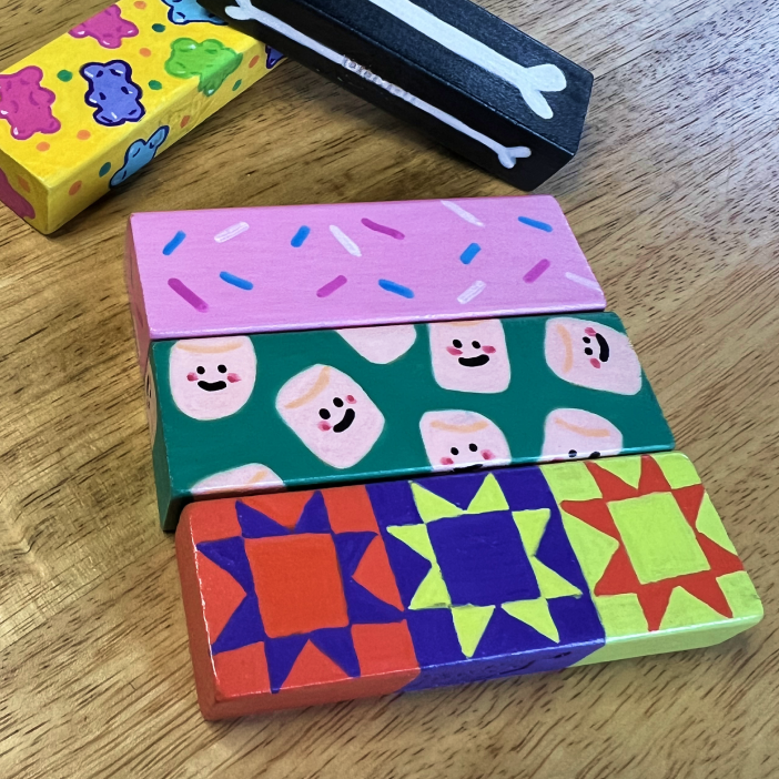 Painted Jenga block close-up