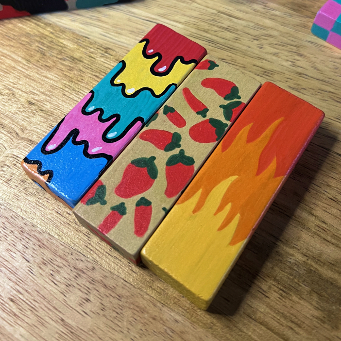 Painted Jenga block close-up