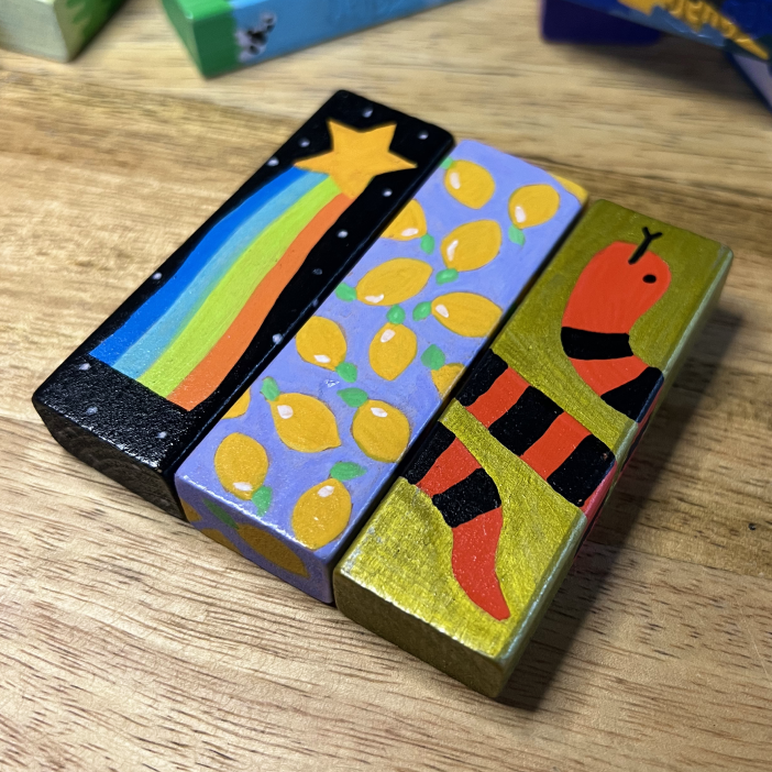 Painted Jenga block close-up